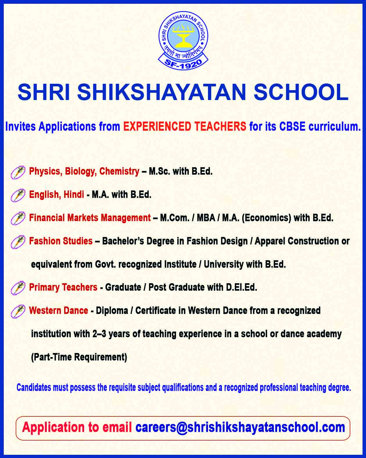 Shri Shikshayatan School Teacher Recruitment Notice