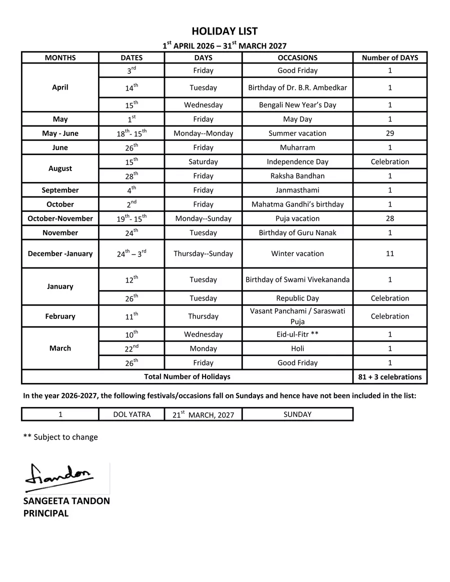 Official Holiday List Document