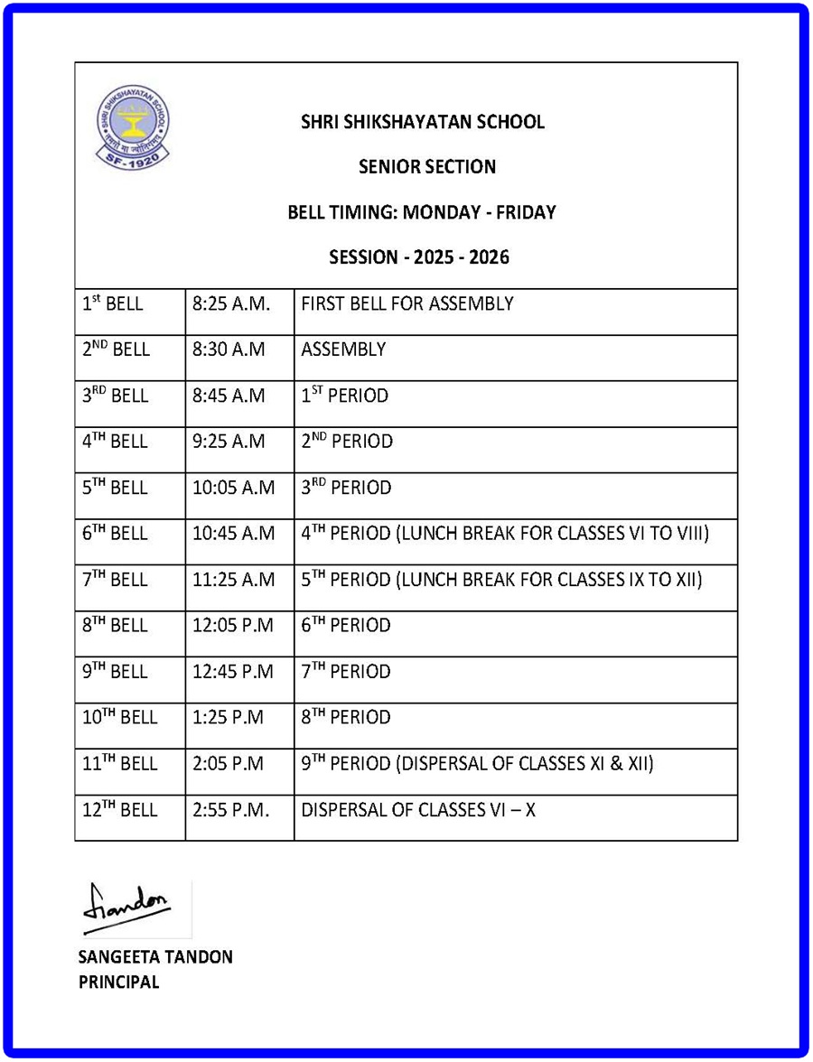 Official Senior School Bell Timing Circular